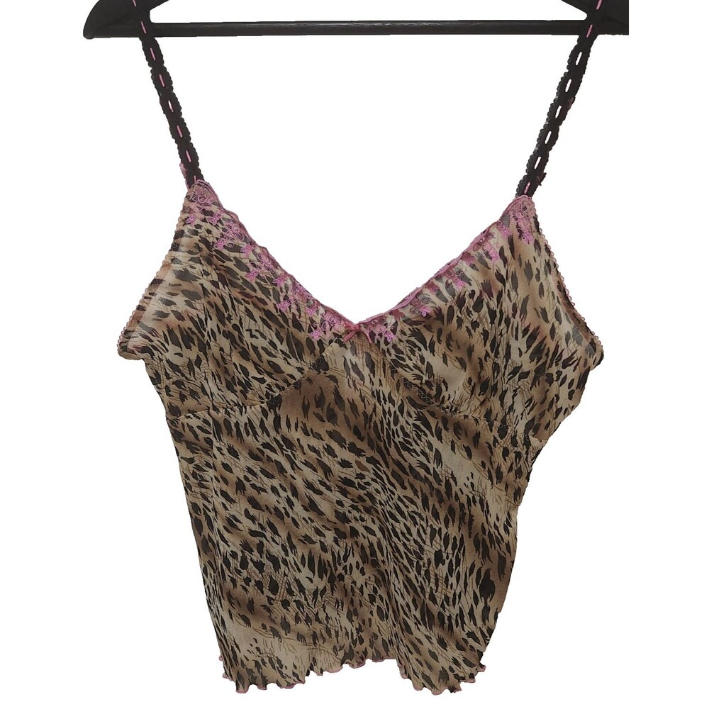 Y2K JLo Women’s Camisole Size M Cheetah Print Pink Trim Satin Sexy Sultry Lace